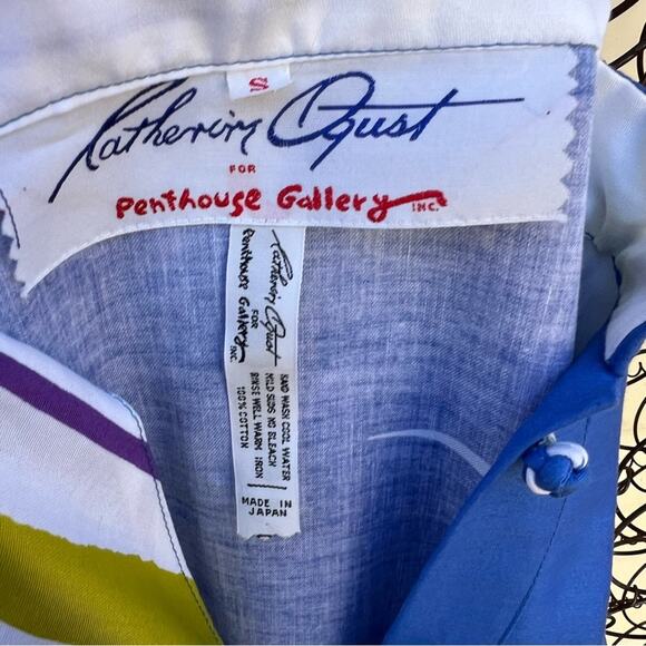 VTG 1970's Catherine Ogust for Penthouse Gallery blue white gold stripe dress S - Picture 8 of 11